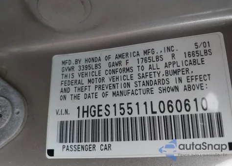 2001 Honda Civic Lx from USA, damaged, VIN 1HGES15511L060610